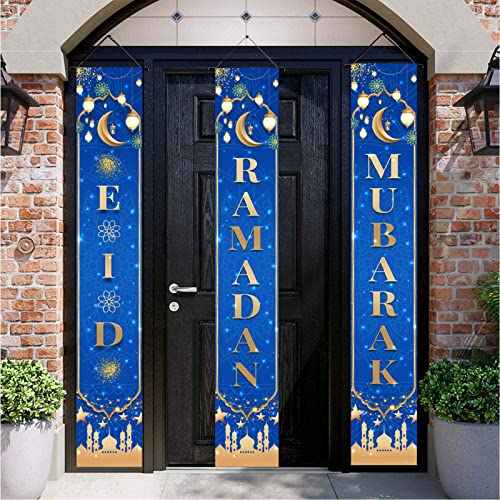 Eid Mubarak Porch Sign Banner Ramadan Mubarak Hanging Decoration, Eid Mubarak Banner Front Door Hanging Sign Indoor/Outdoor Decorations