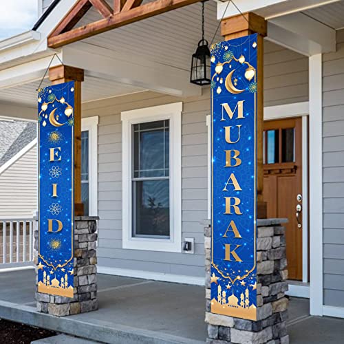 Eid Mubarak Porch Sign Banner Ramadan Mubarak Hanging Decoration, Eid Mubarak Banner Front Door Hanging Sign Indoor/Outdoor Decorations