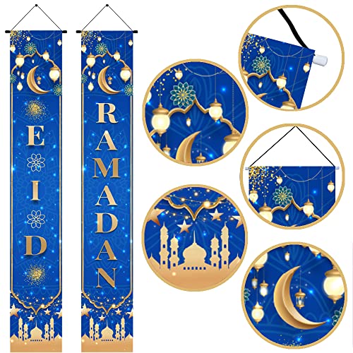 Eid Mubarak Porch Sign Banner Ramadan Mubarak Hanging Decoration, Eid Mubarak Banner Front Door Hanging Sign Indoor/Outdoor Decorations