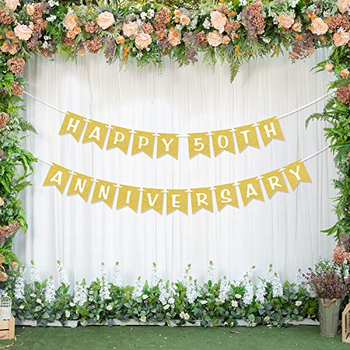 Happy 50th Anniversary Gold Glitter Banner Anniversary Wedding Party Decorations 50 Fifty Celebration Party Hanging Sign Photo Booth Props