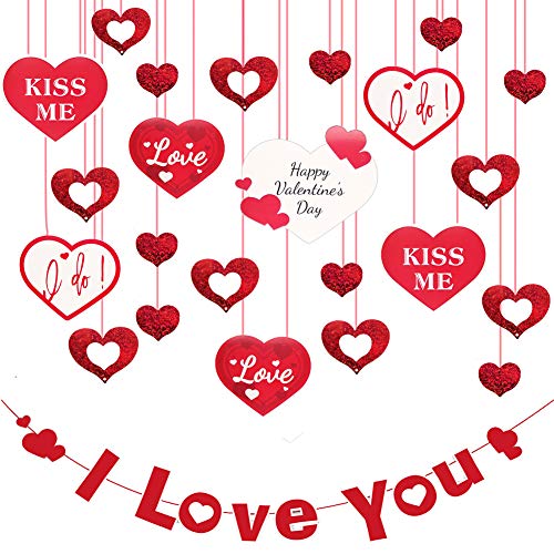 Valentines Day Heart Banner Decorations, I LOVE YOU Garland and Red Glitter Heart Swirl Hanging Kit, Best for Bridal Shower, Anniversary, Wedding, Love Party Supplies, Valentine's Day Tree, Home Décor