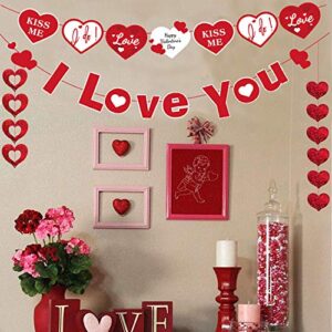 Valentines Day Heart Banner Decorations, I LOVE YOU Garland and Red Glitter Heart Swirl Hanging Kit, Best for Bridal Shower, Anniversary, Wedding, Love Party Supplies, Valentine's Day Tree, Home Décor