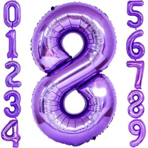 40 inch purple number 8 balloon, big size digit foil mylar helium balloons for birthday party wedding anniversary bachelorette celebration baby shower decoration supplies