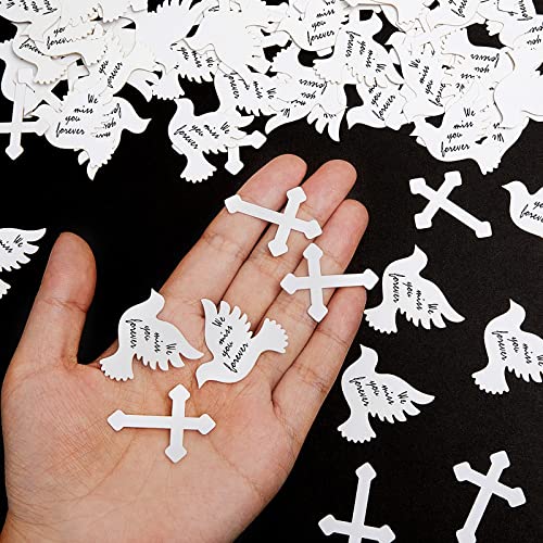 300 Pcs White Memorial Crucifix and Confetti Dove Set Funeral Party Confetti Funeral Decorations We Miss You Forever Paper White Confetti for Tables for Condolence Funeral Anniversary Memorial Service