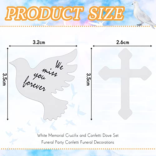 300 Pcs White Memorial Crucifix and Confetti Dove Set Funeral Party Confetti Funeral Decorations We Miss You Forever Paper White Confetti for Tables for Condolence Funeral Anniversary Memorial Service
