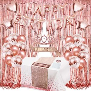 zerodeco rose gold birthday party decorations, happy birthday banner, glitter and white table runner, sash, queen tiara, fringe curtains, foil confetti balloon party decorations for girls and women