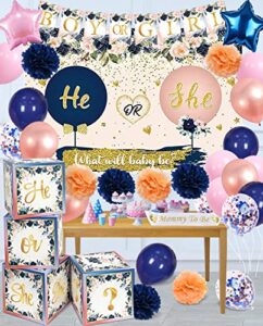 gender reveal decorations – 4 sets of he or she balloons boxes with letters,baby blocks for baby shower backdrop,navy and blush balloons set & boy or girl banner,mommy to be sach with paper pom poms for boy or girl baby shower gender reveal party supplies