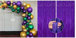 partywoo purple green gold balloons 50 pcs and purple foil fringe curtain 2 pcs