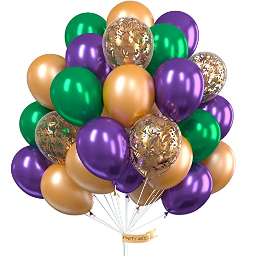 PartyWoo Purple Green Gold Balloons 50 pcs and Purple Foil Fringe Curtain 2 pcs