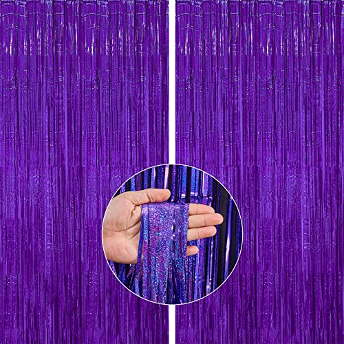 PartyWoo Purple Green Gold Balloons 50 pcs and Purple Foil Fringe Curtain 2 pcs