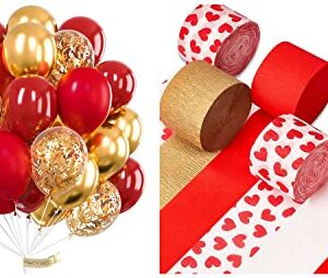 PartyWoo Red and Gold Balloons 50 pcs and Crepe Paper Streamers 6 Rolls