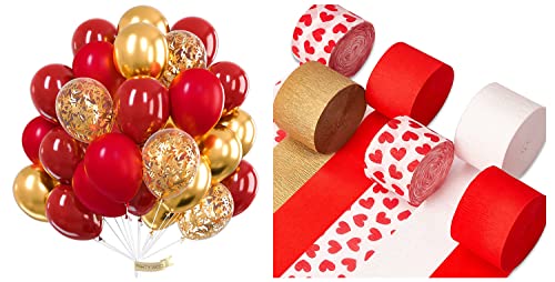 PartyWoo Red and Gold Balloons 50 pcs and Crepe Paper Streamers 6 Rolls