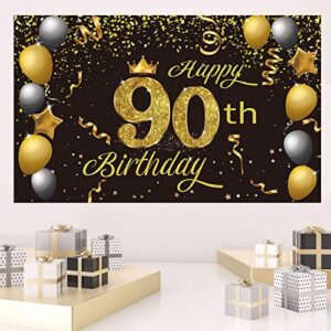 Crenics Happy 90th Birthday Backdrop Banner, Extra Large 90th Birthday Photo Background Banner, Gold Black 90th Birthday Decorations Party Supplies Banner for Women Men, 5.9 x 3.6 ft