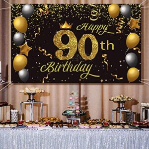 crenics happy 90th birthday backdrop banner, extra large 90th birthday photo background banner, gold black 90th birthday decorations party supplies banner for women men, 5.9 x 3.6 ft