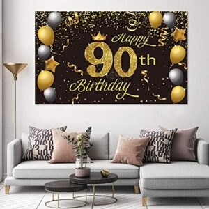 Crenics Happy 90th Birthday Backdrop Banner, Extra Large 90th Birthday Photo Background Banner, Gold Black 90th Birthday Decorations Party Supplies Banner for Women Men, 5.9 x 3.6 ft