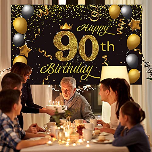 Crenics Happy 90th Birthday Backdrop Banner, Extra Large 90th Birthday Photo Background Banner, Gold Black 90th Birthday Decorations Party Supplies Banner for Women Men, 5.9 x 3.6 ft