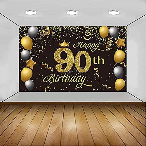 Crenics Happy 90th Birthday Backdrop Banner, Extra Large 90th Birthday Photo Background Banner, Gold Black 90th Birthday Decorations Party Supplies Banner for Women Men, 5.9 x 3.6 ft