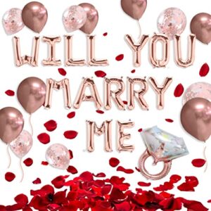 40 Pcs-Rose Gold "Will you marry me" Balloon Pack -Balloon Banner and 2000 pcs Rose Petals proposal Decoration-proposal idea-Diamond ring Balloon-Valentine's Day Proposal(rose gold floral proposal)