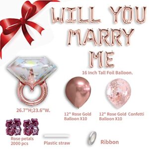 40 Pcs-Rose Gold "Will you marry me" Balloon Pack -Balloon Banner and 2000 pcs Rose Petals proposal Decoration-proposal idea-Diamond ring Balloon-Valentine's Day Proposal(rose gold floral proposal)