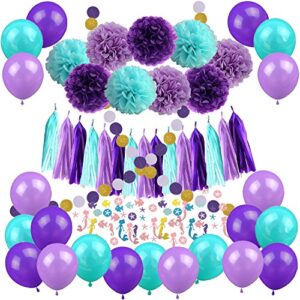 mermaid party decorations, recosis 57 pcs pom poms paper tassel garland mermaid confetti balloons for mermaid birthday baby shower frozen under the sea party supplies – teal lavender purple