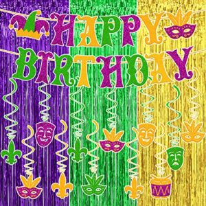 mardi gras birthday decorations carnival happy bday banner green gold purple foil curtains backdrop hanging swirls decor fat tuesday new orleans masquerade fleur de lis theme festival party supplies