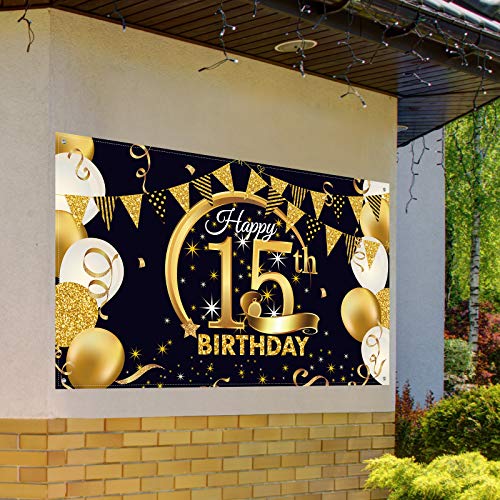 15th Birthday Party Decoration, Extra Large Fabric Black Gold Sign Poster for 15th Anniversary Photo Booth Backdrop Background Banner, 15th Birthday Party Supplies, 72.8 x 43.3 Inch