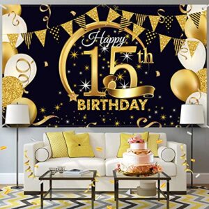 15th Birthday Party Decoration, Extra Large Fabric Black Gold Sign Poster for 15th Anniversary Photo Booth Backdrop Background Banner, 15th Birthday Party Supplies, 72.8 x 43.3 Inch