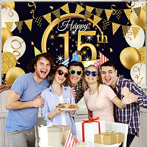 15th Birthday Party Decoration, Extra Large Fabric Black Gold Sign Poster for 15th Anniversary Photo Booth Backdrop Background Banner, 15th Birthday Party Supplies, 72.8 x 43.3 Inch