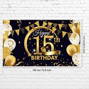 15th Birthday Party Decoration, Extra Large Fabric Black Gold Sign Poster for 15th Anniversary Photo Booth Backdrop Background Banner, 15th Birthday Party Supplies, 72.8 x 43.3 Inch