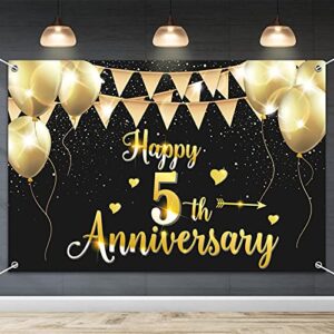 hamigar 6x4ft happy 5th anniversary banner backdrop – 5 wedding anniversary decorations party supplies – black gold