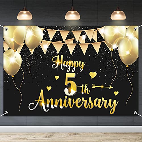 HAMIGAR 6x4ft Happy 5th Anniversary Banner Backdrop - 5 Wedding Anniversary Decorations Party Supplies - Black Gold