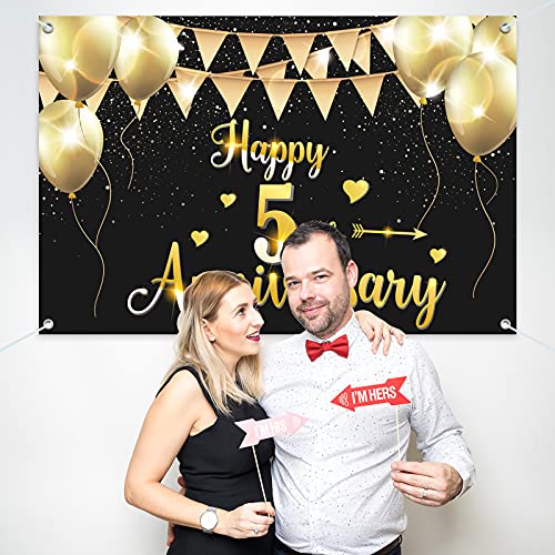 HAMIGAR 6x4ft Happy 5th Anniversary Banner Backdrop - 5 Wedding Anniversary Decorations Party Supplies - Black Gold