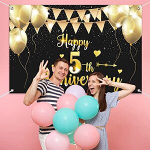 HAMIGAR 6x4ft Happy 5th Anniversary Banner Backdrop - 5 Wedding Anniversary Decorations Party Supplies - Black Gold