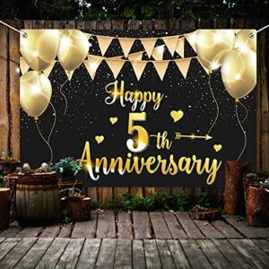 HAMIGAR 6x4ft Happy 5th Anniversary Banner Backdrop - 5 Wedding Anniversary Decorations Party Supplies - Black Gold