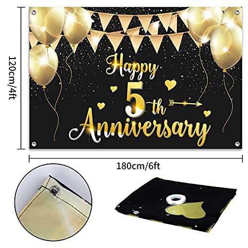 HAMIGAR 6x4ft Happy 5th Anniversary Banner Backdrop - 5 Wedding Anniversary Decorations Party Supplies - Black Gold