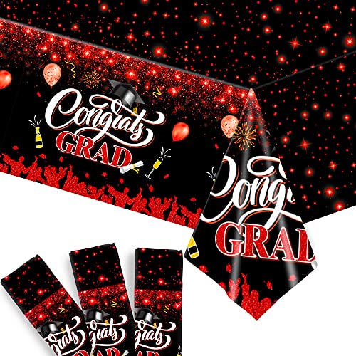 Congrats Grad Graduation Tablecloths - 3 Pack, Red Congrats Grad Tablecloth | Graduation Tablecovers, Red and Black Graduation Decorations 2023 | Plastic Class of 2023 Graduation Party Tablecovers