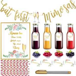 31 pcs mimosa bar kit mimosa bar sign banner poster 4 champagne bottle tags 4 table cards 20 paper straws 1 marker 4 ropes for bridal baby shower brunch wedding fiesta bar decor (gold)