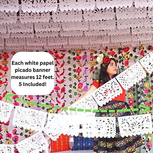 White Papel Picado, White Fiesta Banner, Mexican Theme Party Supplies, Mexican Wedding Flags Cinco de Mayo Tissue Paper Panels WS700