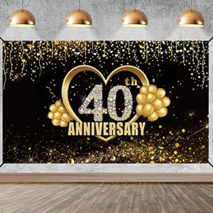 happy 40th anniversary banner backdrop decorations, large 40 wedding anniversary background sign decor, black gold 40 year anniversary photography photo props party supplies