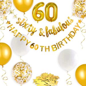 gold sixty & fabulous happy 60th birthday banner garland foil balloon 60 for womens 60th birthday decorations hanging 60 and fabulous cheers to 60 years old birthday party supplies backdrop