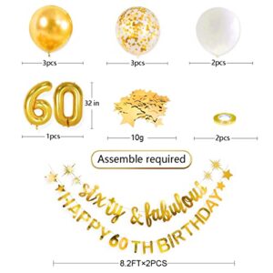 Gold Sixty & Fabulous Happy 60th Birthday Banner Garland Foil Balloon 60 for Womens 60th Birthday Decorations Hanging 60 and Fabulous Cheers to 60 Years Old Birthday Party Supplies Backdrop