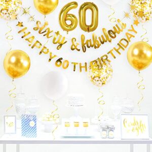 Gold Sixty & Fabulous Happy 60th Birthday Banner Garland Foil Balloon 60 for Womens 60th Birthday Decorations Hanging 60 and Fabulous Cheers to 60 Years Old Birthday Party Supplies Backdrop