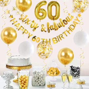 Gold Sixty & Fabulous Happy 60th Birthday Banner Garland Foil Balloon 60 for Womens 60th Birthday Decorations Hanging 60 and Fabulous Cheers to 60 Years Old Birthday Party Supplies Backdrop