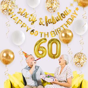 Gold Sixty & Fabulous Happy 60th Birthday Banner Garland Foil Balloon 60 for Womens 60th Birthday Decorations Hanging 60 and Fabulous Cheers to 60 Years Old Birthday Party Supplies Backdrop