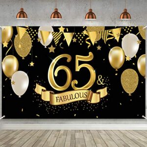 65th birthday black gold party decoration, large fabric black gold sign poster for 65th anniversary backdrop banner, 65th birthday party supply photo booth backdrop background banner 72.8 x 43.3 inch