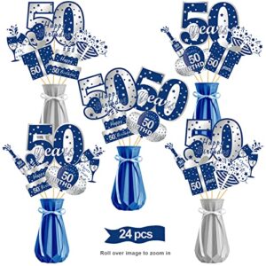 24pcs 50th birthday decorations table topper for men, blue silver 50 year old birthday table centerpiece sticks party supplies, happy fifty birthday photo backdrop decor sign