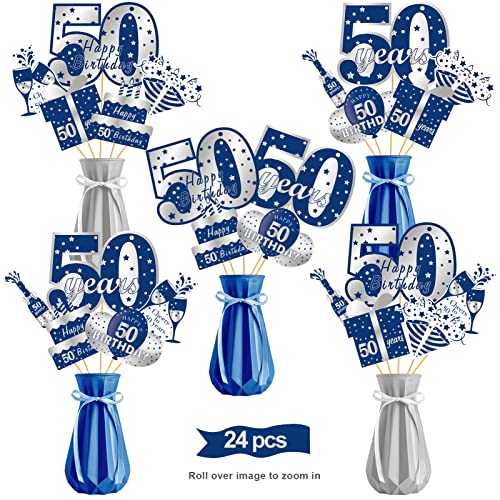 24pcs 50th Birthday Decorations Table Topper for Men, Blue Silver 50 Year Old Birthday Table Centerpiece Sticks Party Supplies, Happy Fifty Birthday Photo Backdrop Decor Sign