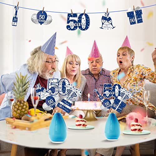 24pcs 50th Birthday Decorations Table Topper for Men, Blue Silver 50 Year Old Birthday Table Centerpiece Sticks Party Supplies, Happy Fifty Birthday Photo Backdrop Decor Sign