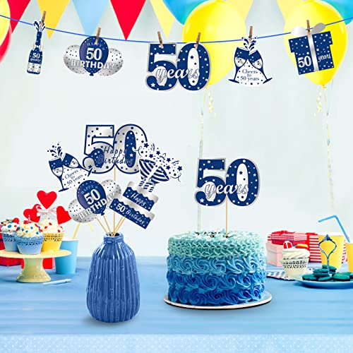 24pcs 50th Birthday Decorations Table Topper for Men, Blue Silver 50 Year Old Birthday Table Centerpiece Sticks Party Supplies, Happy Fifty Birthday Photo Backdrop Decor Sign