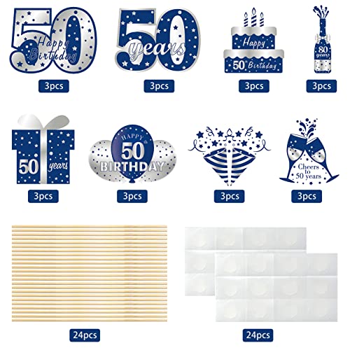 24pcs 50th Birthday Decorations Table Topper for Men, Blue Silver 50 Year Old Birthday Table Centerpiece Sticks Party Supplies, Happy Fifty Birthday Photo Backdrop Decor Sign